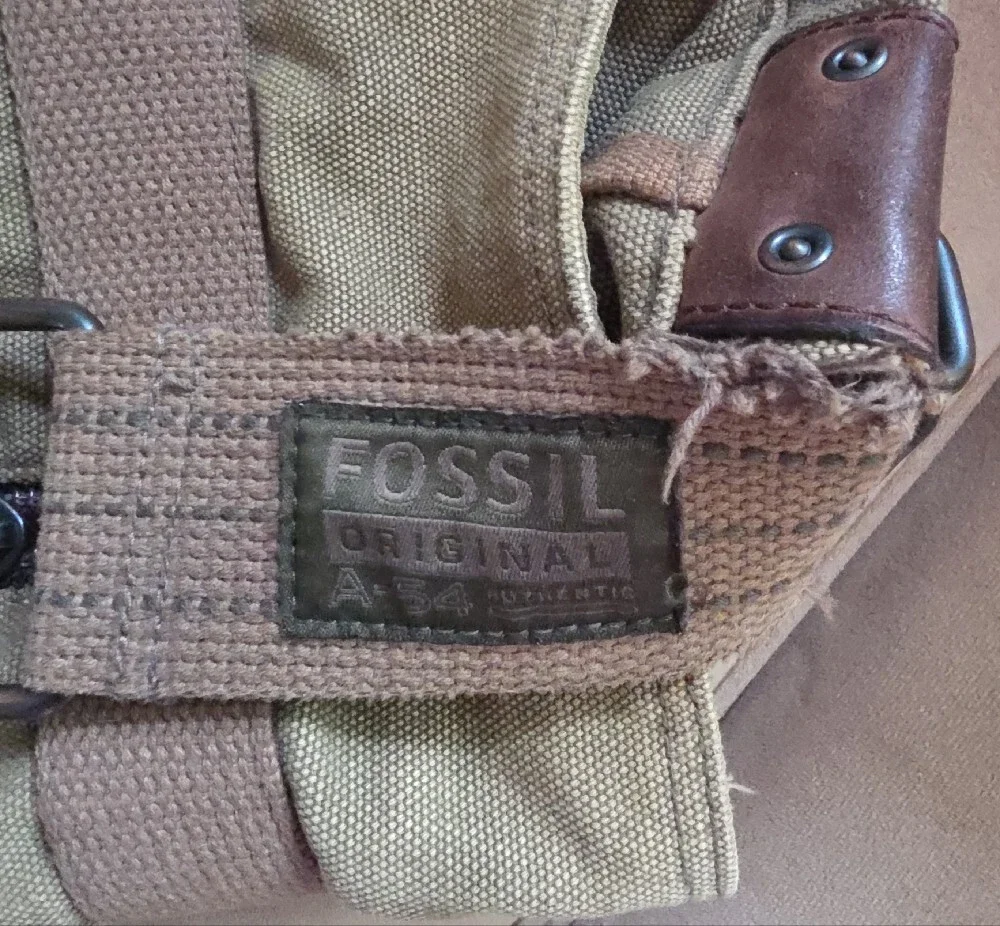 Fossil Canvas Messenger Bag in Khaki and Brown